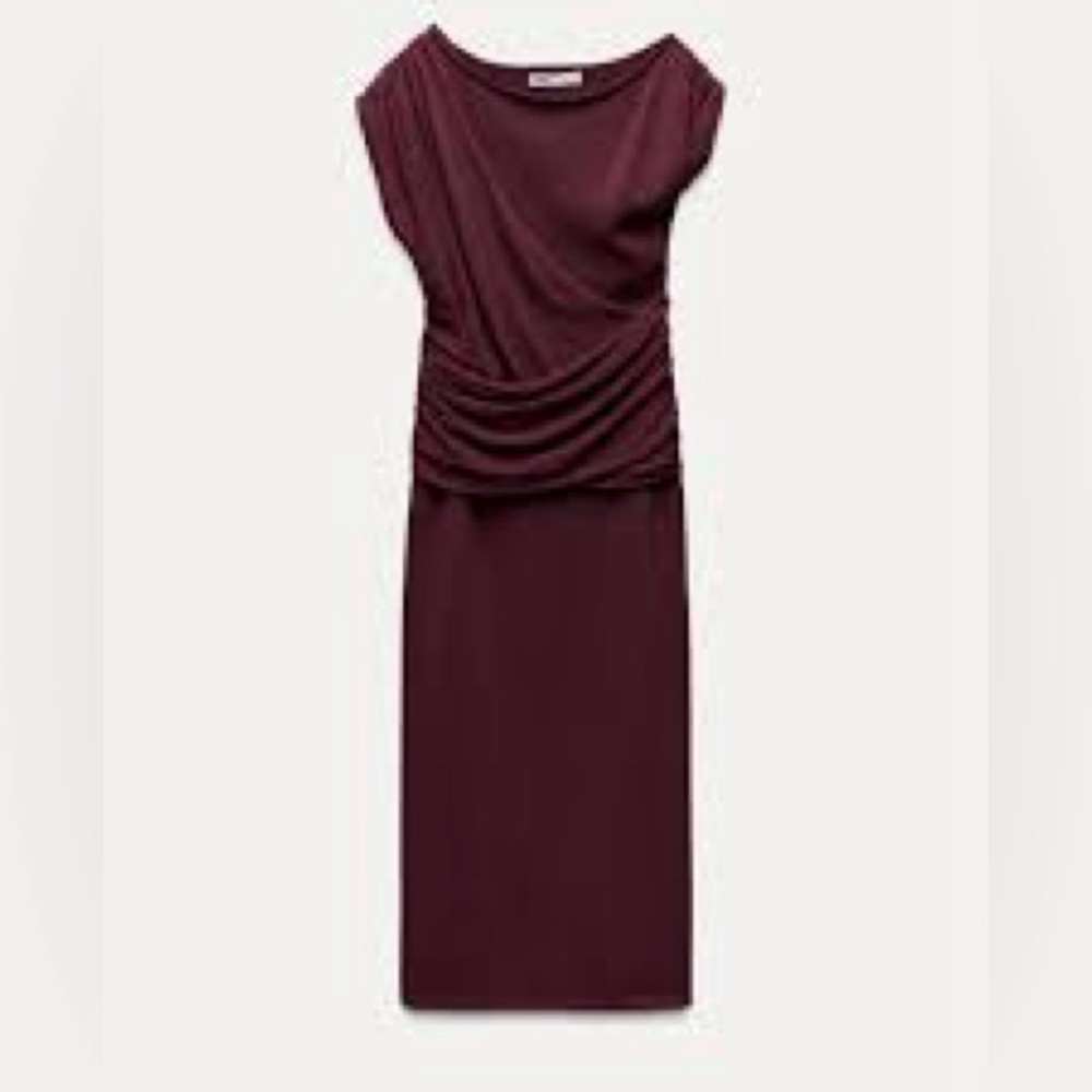 Zara Knit Gathered Boat Neck Shortsleeved Maxi Dress Burgundy Size Large